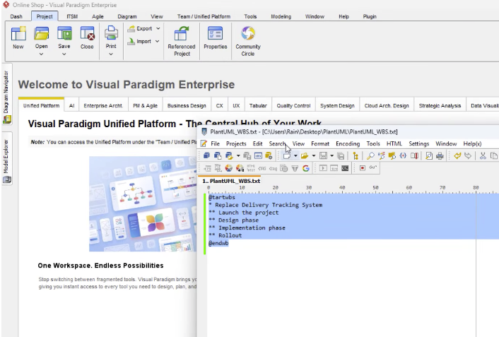 Visual Paradigm Enterprise window open alongside a text editor showing PlantUML script for a Work Breakdown Structure.