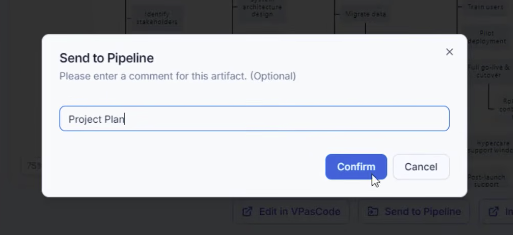 Send to Pipeline popup dialog in Visual Paradigm with an optional comment field containing Project Plan.